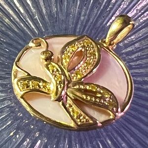 14K Gold Canary Diamond/Mother Of Pearl Butterfly Pendant